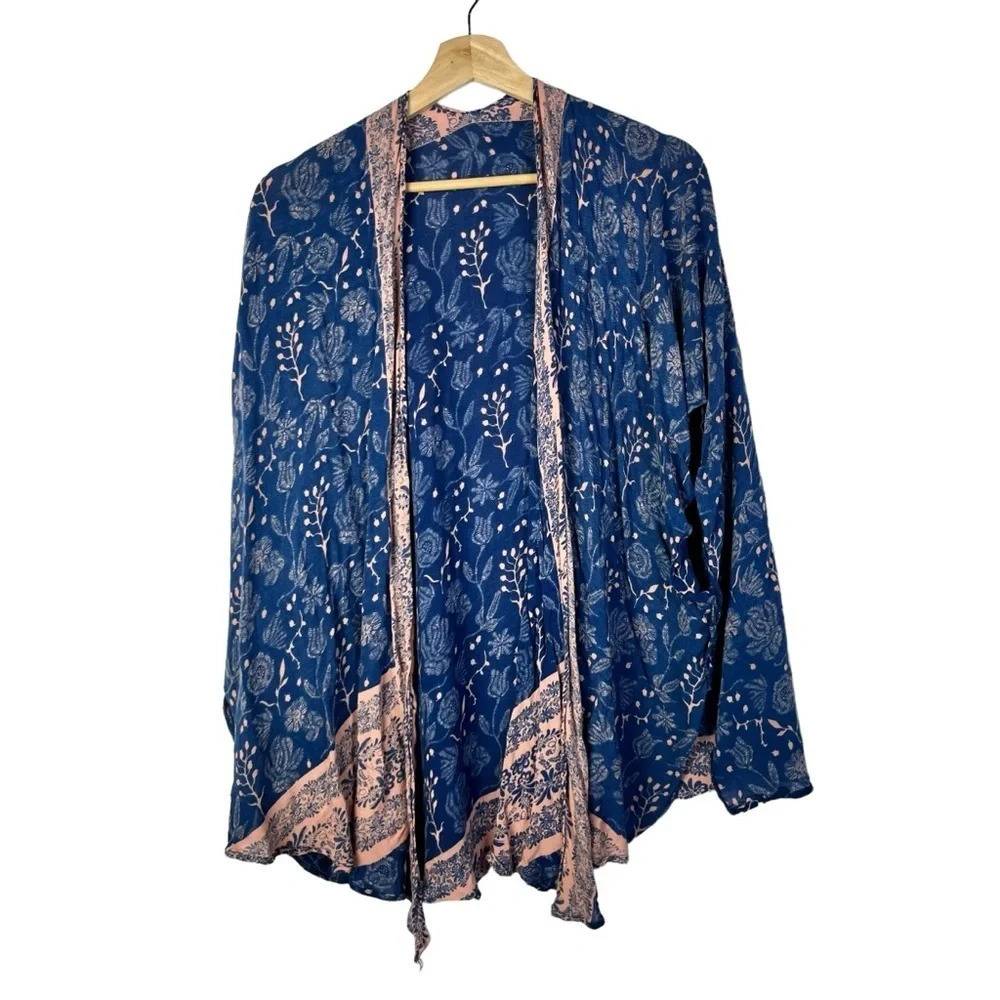 Boutique Blue & Pink Floral Boho Short Sleeve Kimono M